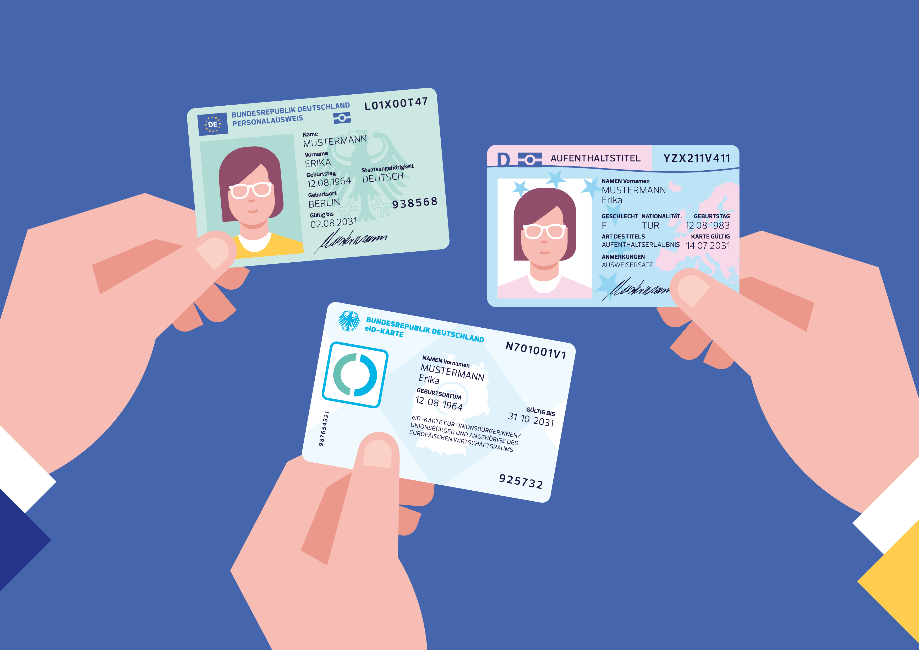 Personalausweis, Unionsbürgerkarte und elektronischer Aufenthaltstitel Drei Hände halten einen Personalausweis, eine Unionsbürgerkarte und einen elektronischer Aufenthaltstitel